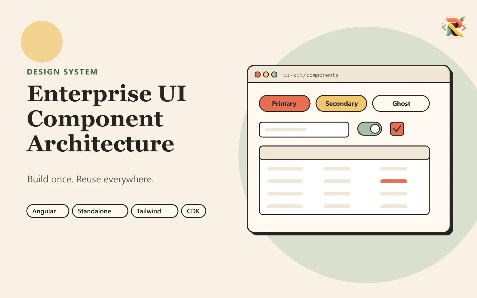 Illustrated cover: a component library of buttons, input, toggle, checkbox and table