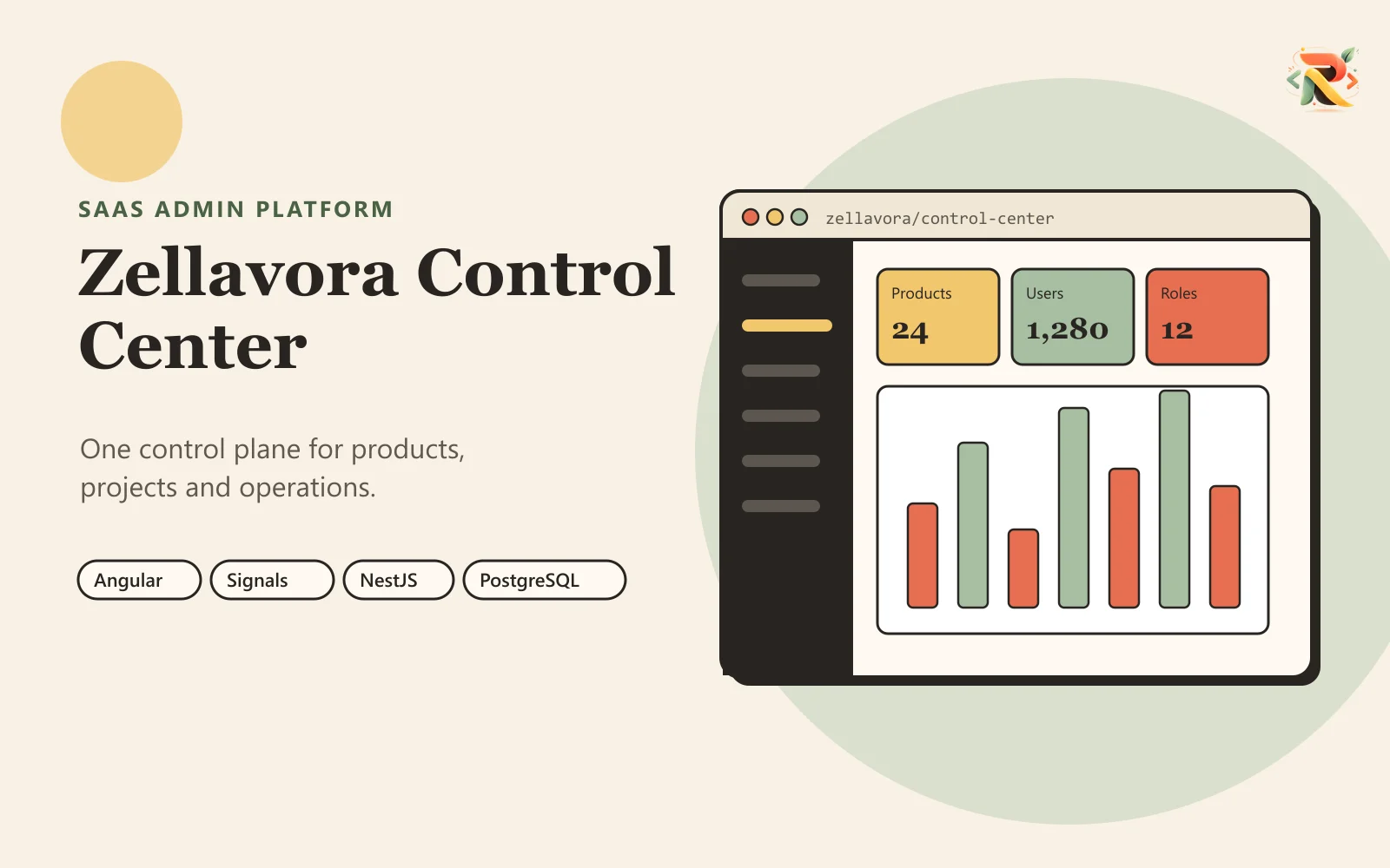 Illustrated cover: an admin console with product, user and role counts and a usage chart