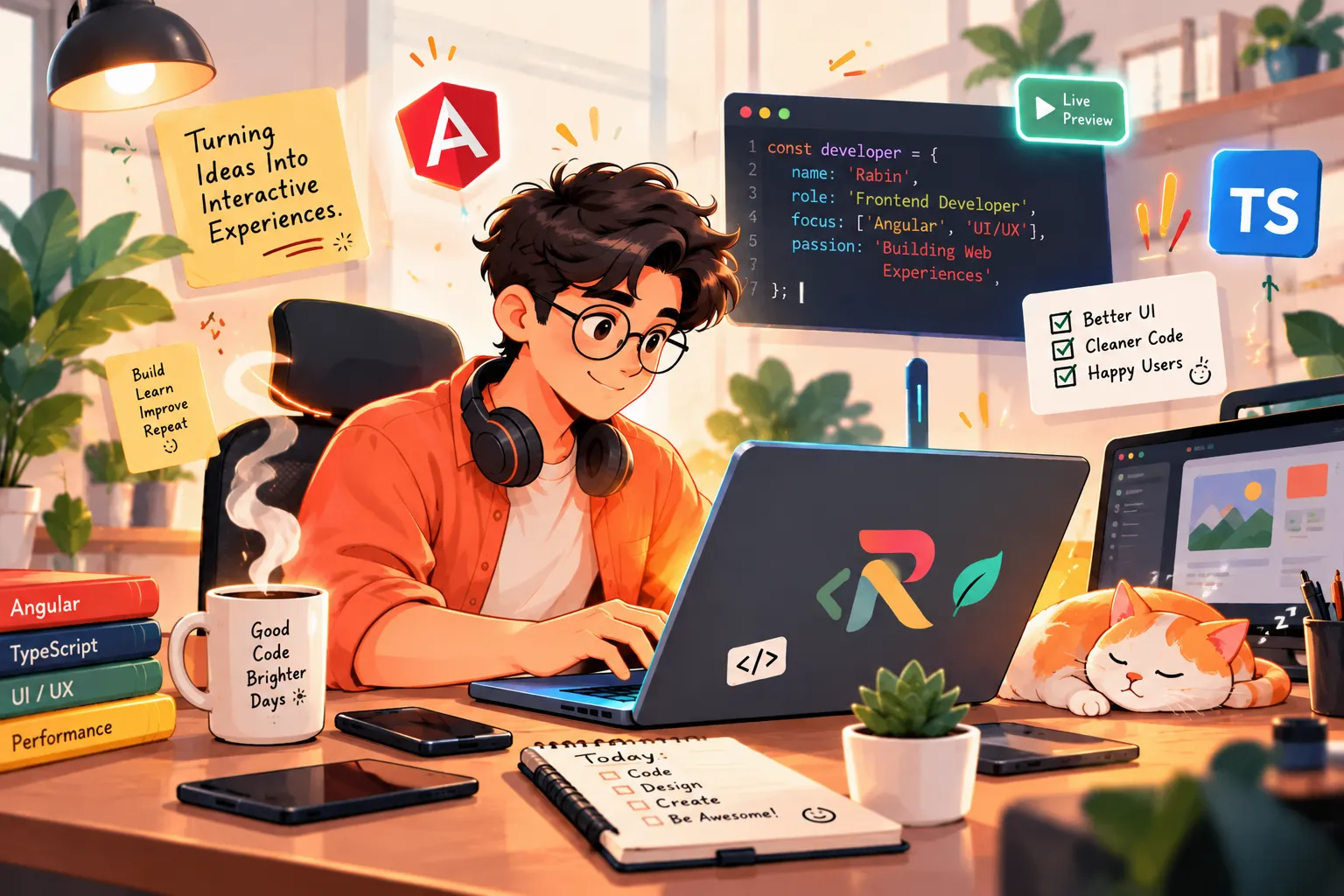 Illustration of Rabin coding at a warm-lit desk: Angular and TypeScript code on screen, sticky notes, a coffee mug, books and a sleeping cat