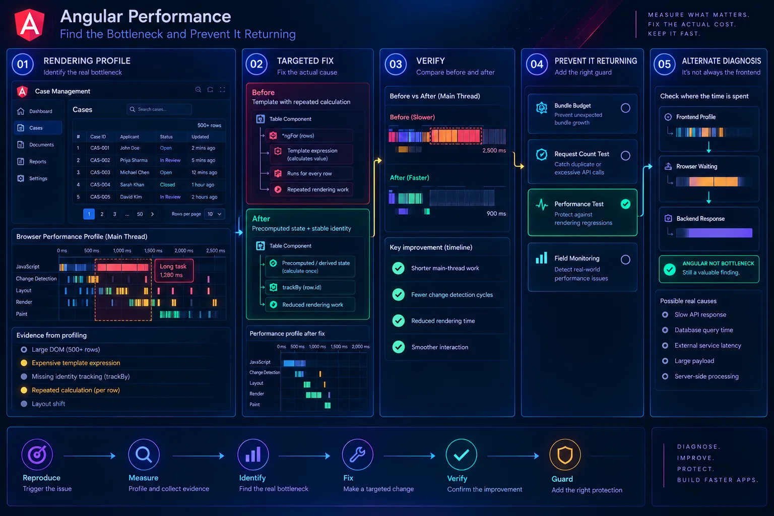 Angular rendering profile with a long task, the targeted fix, the verified result and the guards that prevent regression.