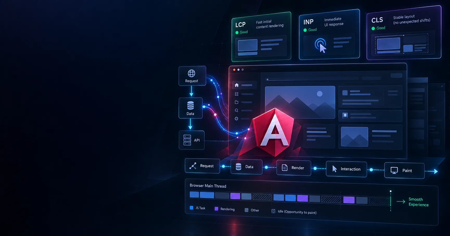 Angular Core Web Vitals performance architecture showing loading, layout stability and interaction responsiveness.