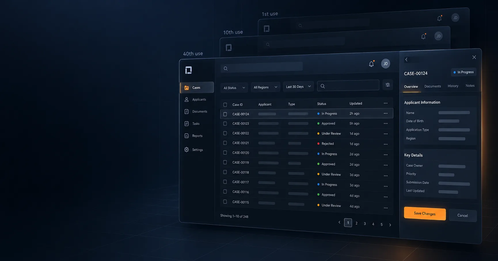 Enterprise UI design showing restrained dashboard layouts, clear hierarchy and minimal visual noise.