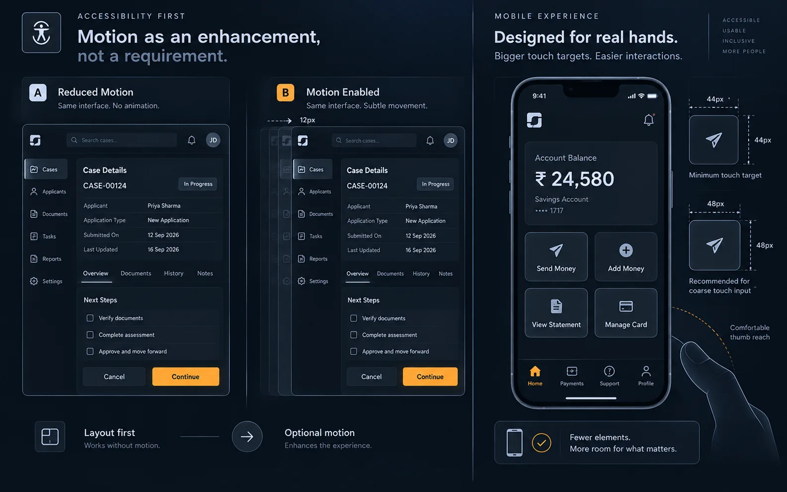 Reduced-motion enterprise layouts and accessible mobile controls preserving hierarchy and usability.