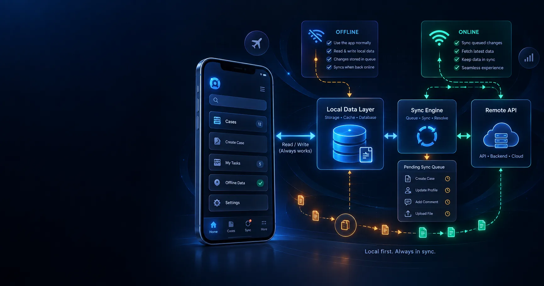 Ionic offline-first architecture with a local data layer, sync engine and pending sync queue against a remote API.