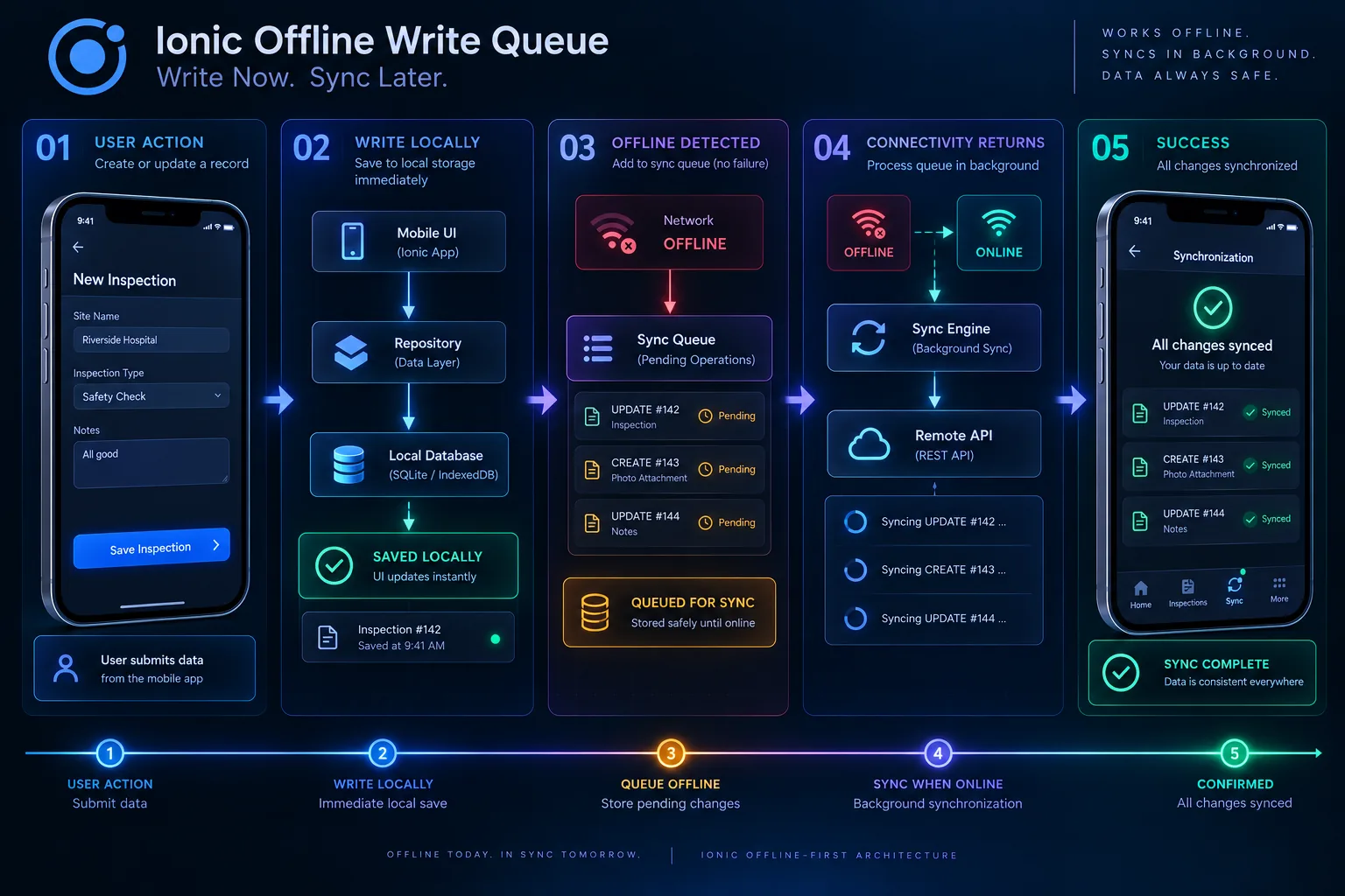 Ionic offline write queue: save locally, queue while offline, then sync in the background when connectivity returns.