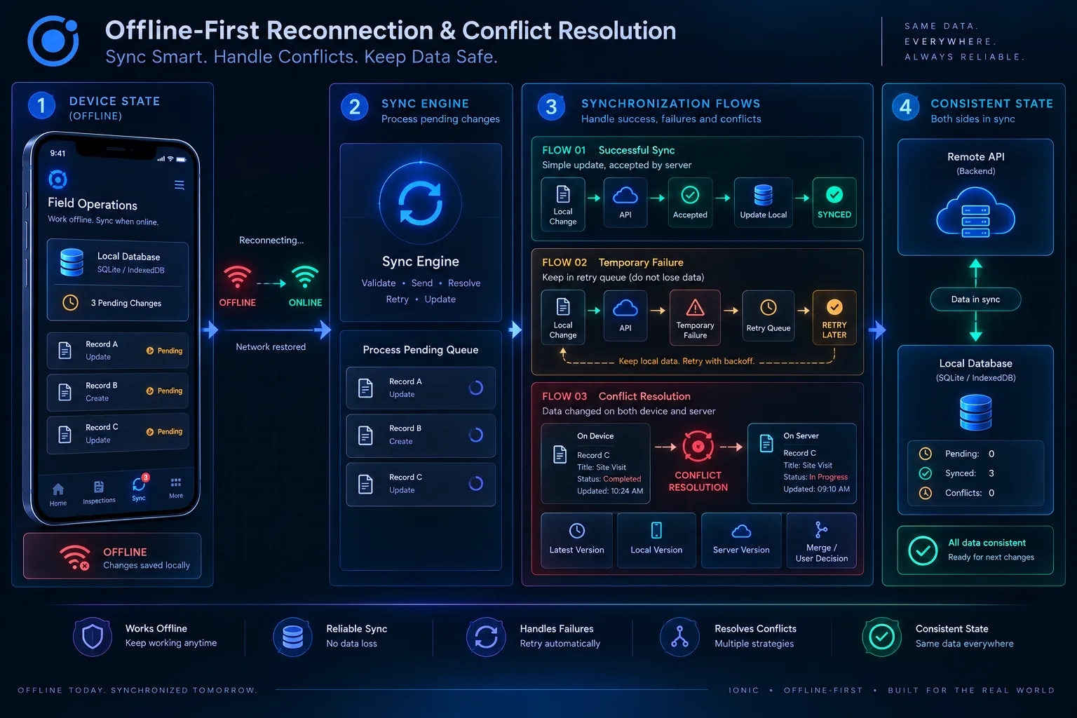 Offline-first reconnection flow showing successful sync, retry after temporary failure, and conflict resolution options.