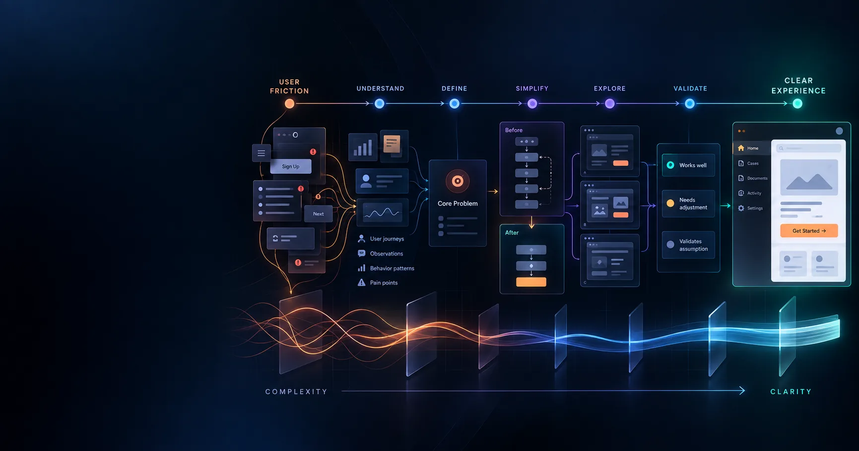 UX process moving from user friction through understand, define, simplify, explore and validate to a clear experience.
