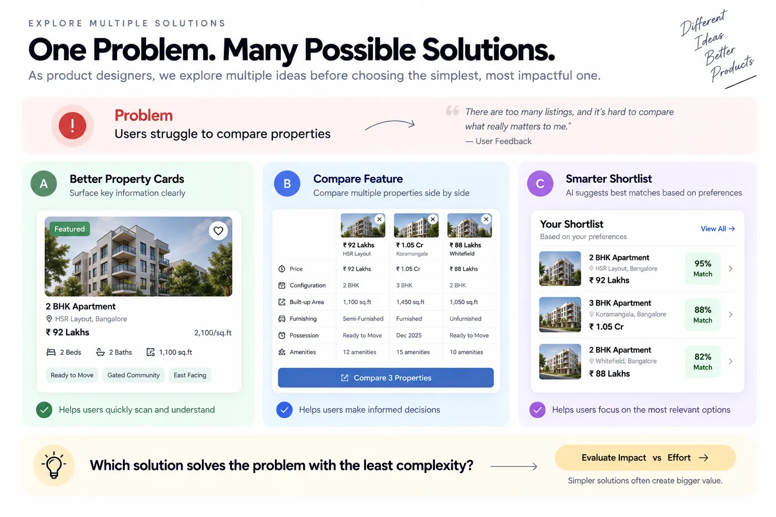 Three UX solutions for property comparison: improved cards, side-by-side comparison and a smarter shortlist.