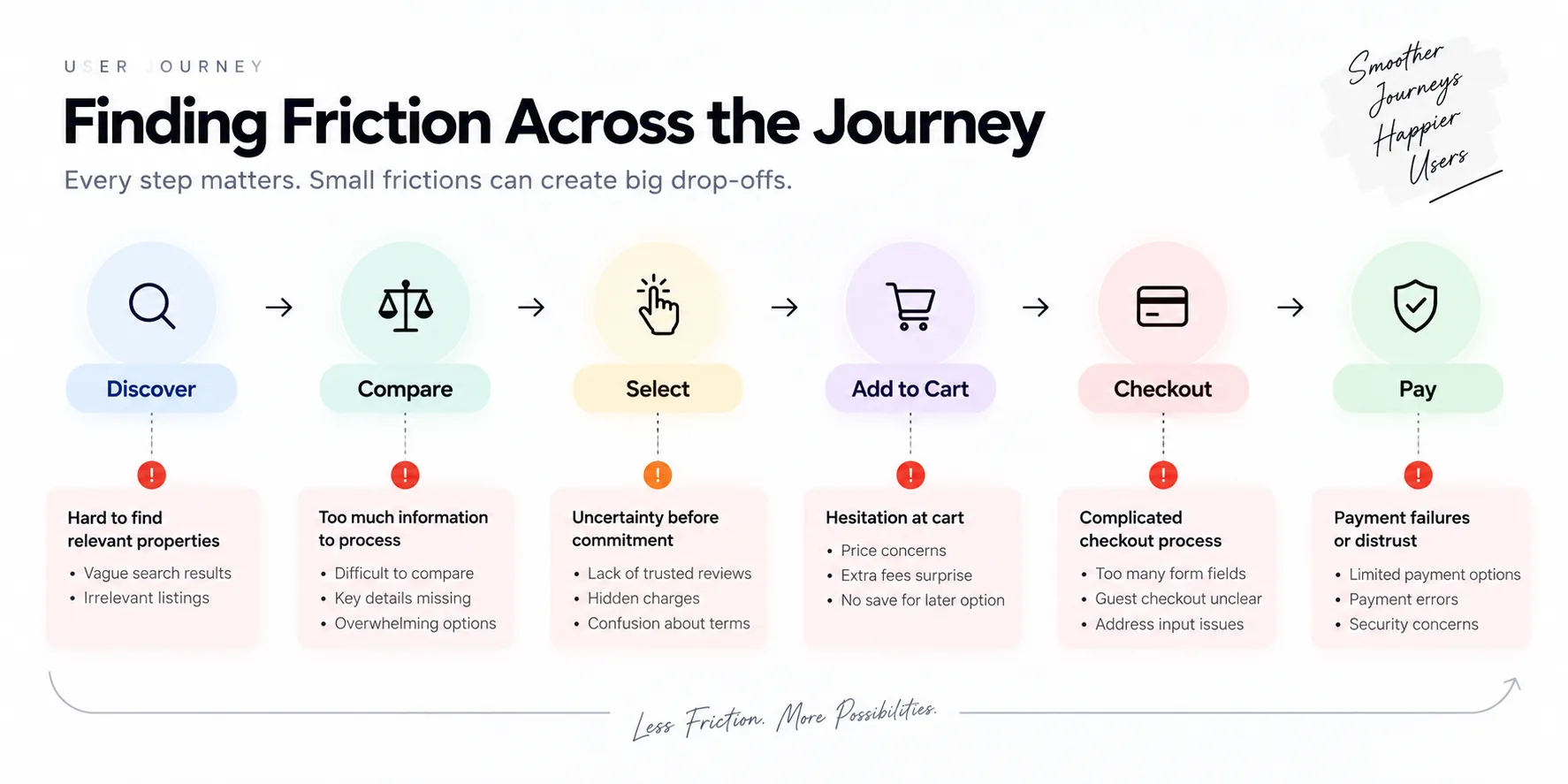 E-commerce user journey from discovery to payment with friction points identified at each stage.
