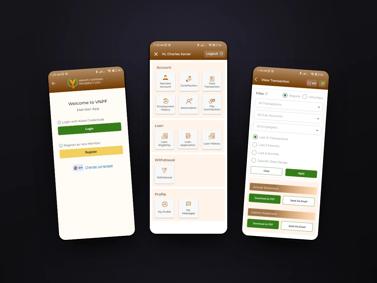 VNPF blo mi mobile application screens